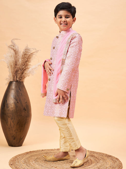 Boy's Pink & Gold-Colored Woven-Design Brocade Slim Fit Sherwani Set With Pink Colour Dupatta